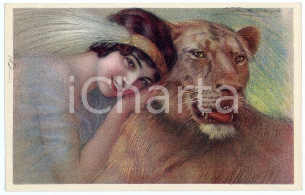 1910 ca Artista Giovanni GUERZONI - La bella e la bestia (1) Cartolina  Cartolina postale d'epoca, non viaggiata. GOOD/buono  Formato: 14x9 cm originale e autentica 1