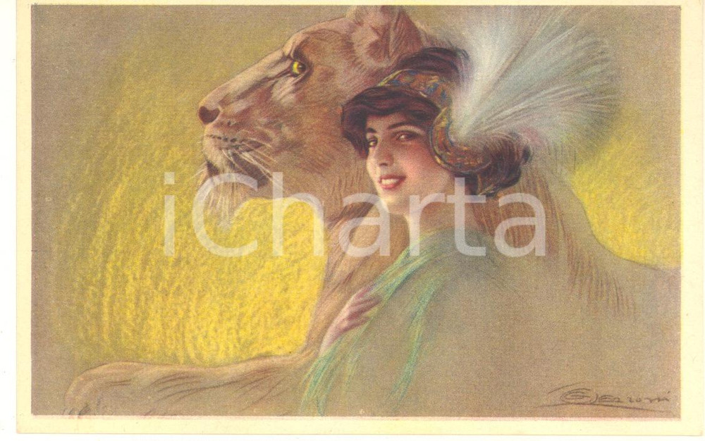 1910 ca Artista Giovanni GUERZONI - La bella e la bestia (2) Cartolina  Cartolina postale d'epoca, non viaggiata. GOOD/buono  Formato: 14x9 cm originale e autentica 1