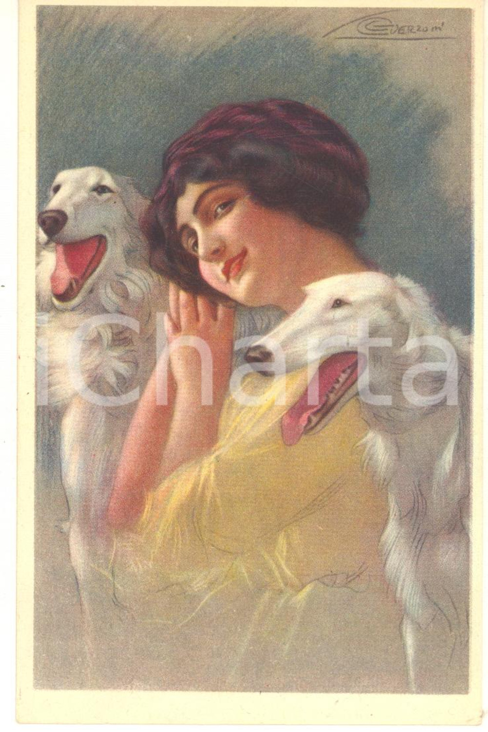 1910 ca Artista Giovanni GUERZONI - Donna con due cani - Cartolina  Cartolina postale d'epoca, non viaggiata. GOOD/buono  Formato: 9x14 cm originale e autentica 1