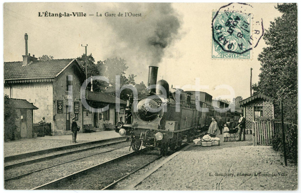 1906 L'ETANG -LA-VILLE (FRANCE) Gare de l'Ouest - Carte postale ANIMEE train  Cartolina postale d'epoca, viaggiata.CONDIZIONI: G FORMATO: FPEDITORE: L. Bouch&eacute;ry - L'Etang-la-Ville    originale e autentica 1