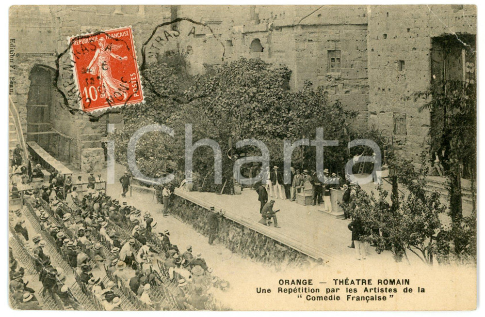 1910 ca ORANGE Théatre Romain - Artistes de la COMEDIE FRANCAISE Carte postale  Cartolina postale d'epoca, non viaggiata ma con nota manoscritta al verso VERY POOR/gravemente danneggiato Lievi smussature e profonde piegature agli angoli, profonda piegature orizzontale Formato: FP originale e autentica 1