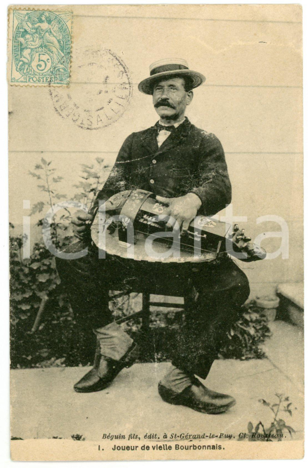 1906 FRANCE FOLKLORE AUVERGNE Joueur de vielle Bourbonnais - Carte postale  Cartolina postale d'epoca, viaggiata.CONDIZIONI: POOR (piegatura verticale al lato inferiore)FORMATO: FP    originale e autentica 1