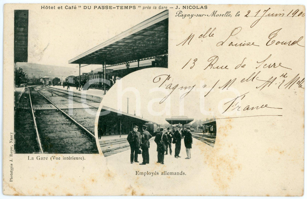 1900  PAGNY-SUR-MOSELLE Gare - Employés alllemands  - Carte postale ANIMEE CPA  Cartolina postale d'epoca, viaggiata.Pubblicit&agrave; dell'Hotel e Caf&eacute; "Du Passe-Temps" al lato superiore.CONDIZIONI: P (fioriture, piccolo strappo al lato inferiore)FORMATO: FP    originale e autentica 1