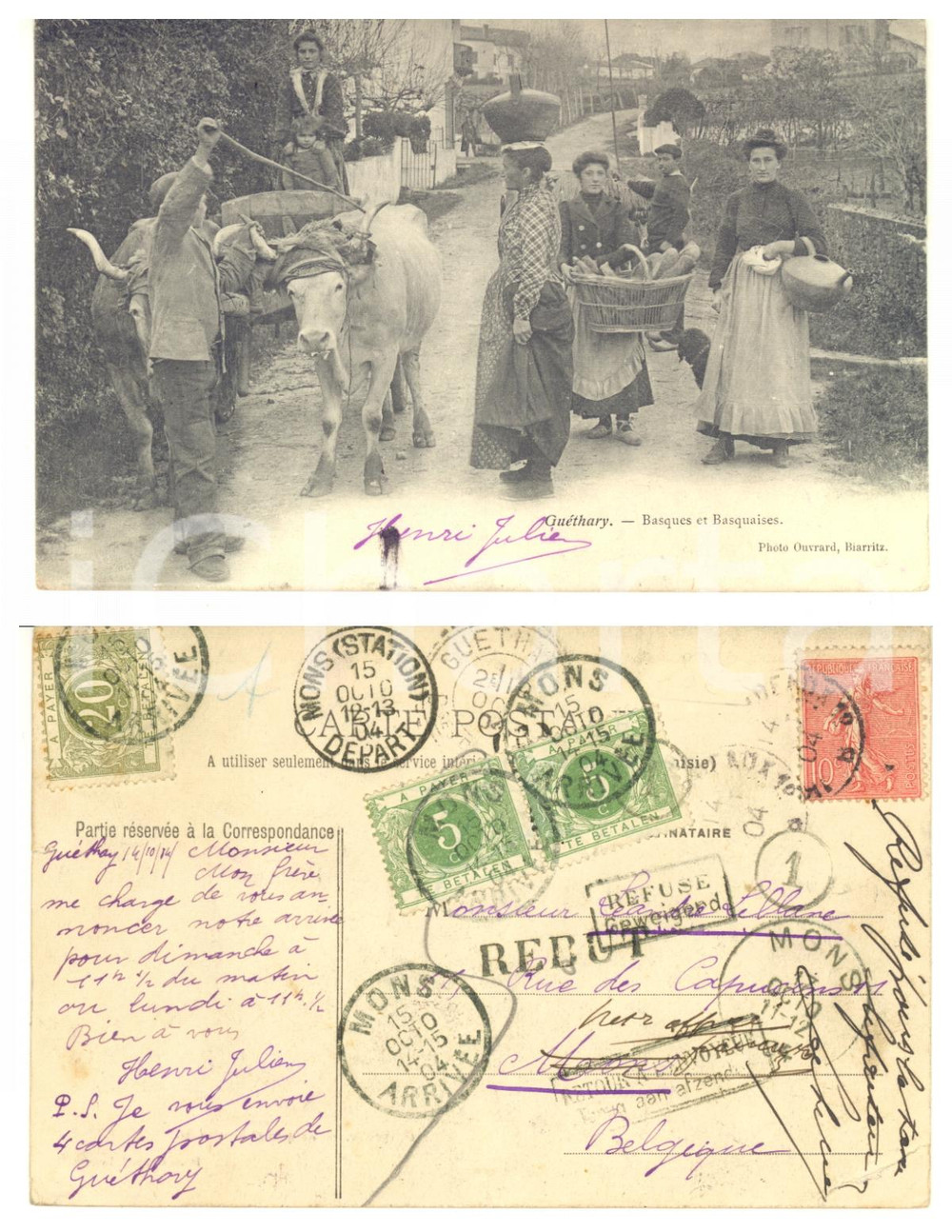 1904 GUETHARY (FRANCE) Basques et Basquais - Carte postale ANIMEE COUTUMES  Cartolina postale d'epoca, viaggiata.CONDIZIONI: P (piegature angolari al lato inferiore)FORMATO: FP    originale e autentica 1