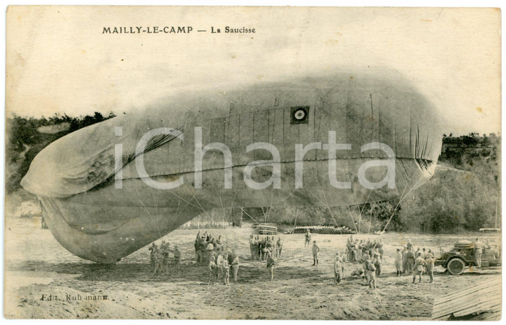 1910 ca MAILLY-LE-CAMP (FRANCE) Ballon captif La Saucisse - Carte postale ANIMEE  Cartolina postale d'epoca, con scritta al verso, non viaggiata.CONDIZIONI: GFORMATO: FP    originale e autentica 1