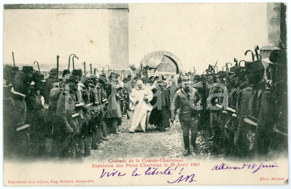 1903 FRANCE GRANDE CHARTREUSE Expulsion Pères Chartreux - Carte postale  Cartolina postale d'epoca, viaggiata.CONDIZIONI: GFORMATO: FP    originale e autentica 1