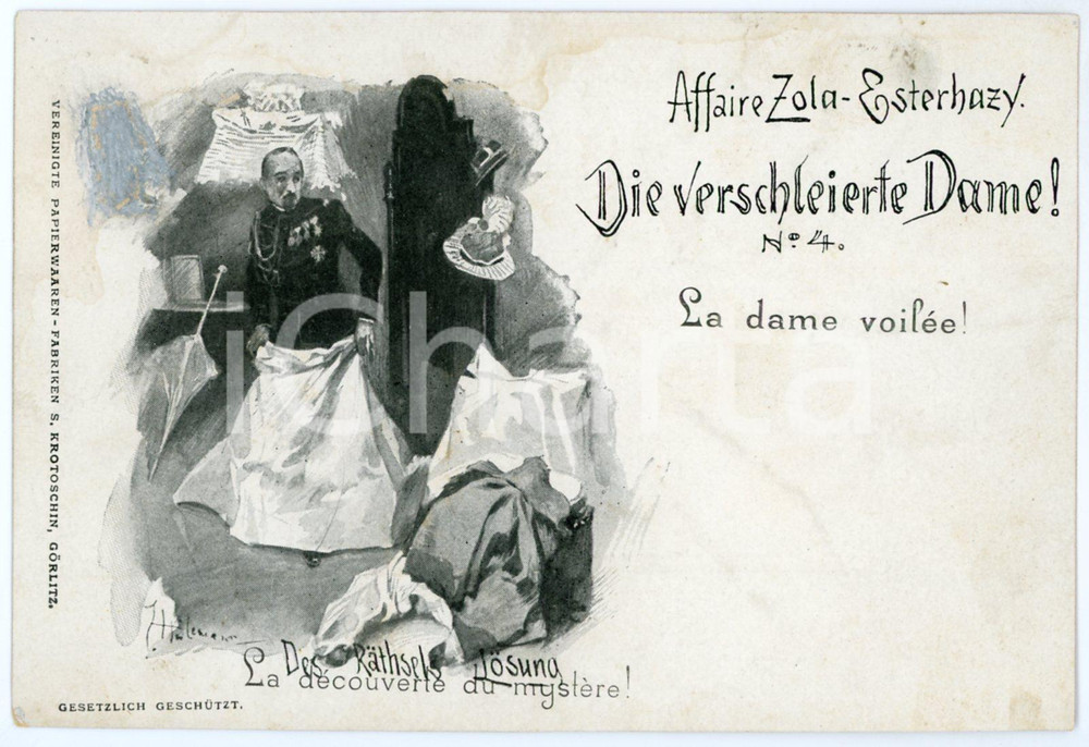 1905 ca FRANCE Affaire DREYFUS (ZOLA-ESTERHAZY) La dame voilée - Carte postale 4  Cartolina postale d'epoca, non viaggiata.CONDIZIONI: FAIR (macchie di umidità al lato superiore) FORMATO: 14x9 cm originale e autentica 1