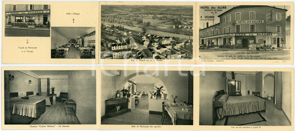 1920 ca PONT D'AIN (FRANCE) Hotel des ALLIÉS - Brochure ILLUSTRÉE  Brochure pubblicitaria, interamente illustrata b/n, realizzata in 6 facciate con altrettante cartoline.CONDIZIONI: G FORMATO: 14x9 cm    originale e autentica 1