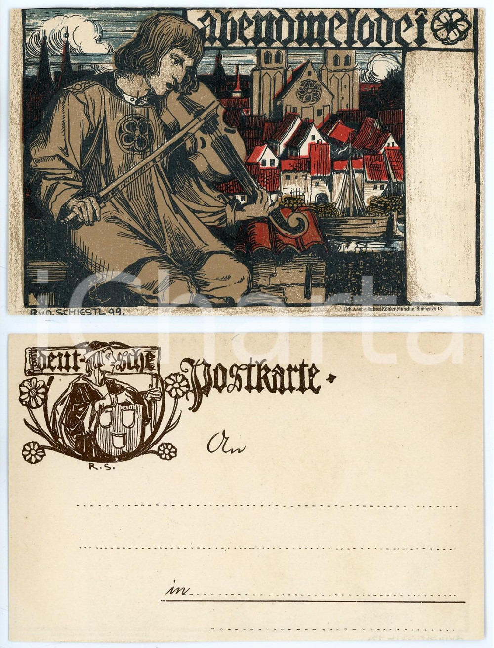 1899 GERMANY Artist Rudolf SCHIESTL - Abendmelodei - AK Postcard  Cartolina postale d'epoca, non viaggiata. GOOD/buono  Formato: 14x9 cm originale e autentica 1