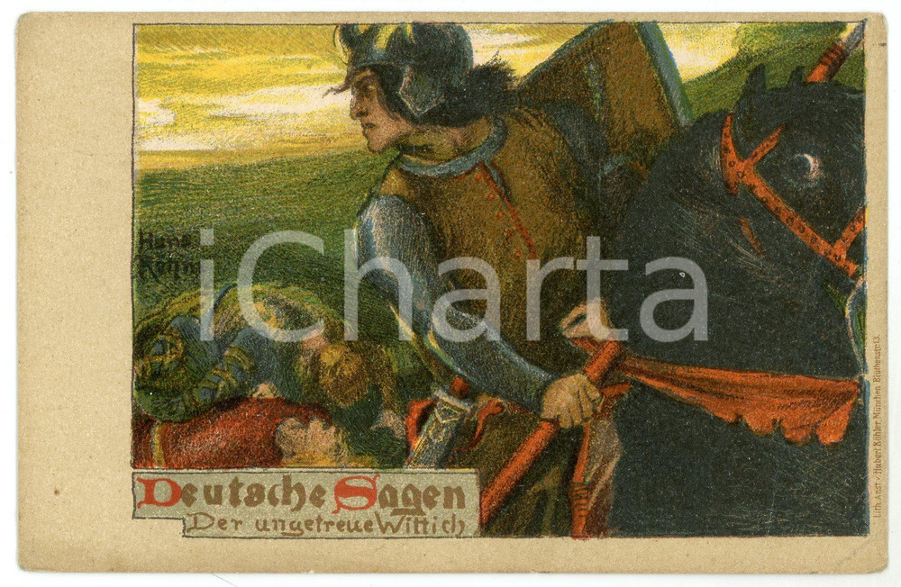 1900 ca Artist Hans ROHM - DEUTSCHE SAGEN Der ungetreue Wittich - Postcard  Cartolina postale d'epoca, illustrata a colori,  viaggiata nel 1921. POOR/danneggiato piegature angolari Formato: 14x9 cm originale e autentica 1