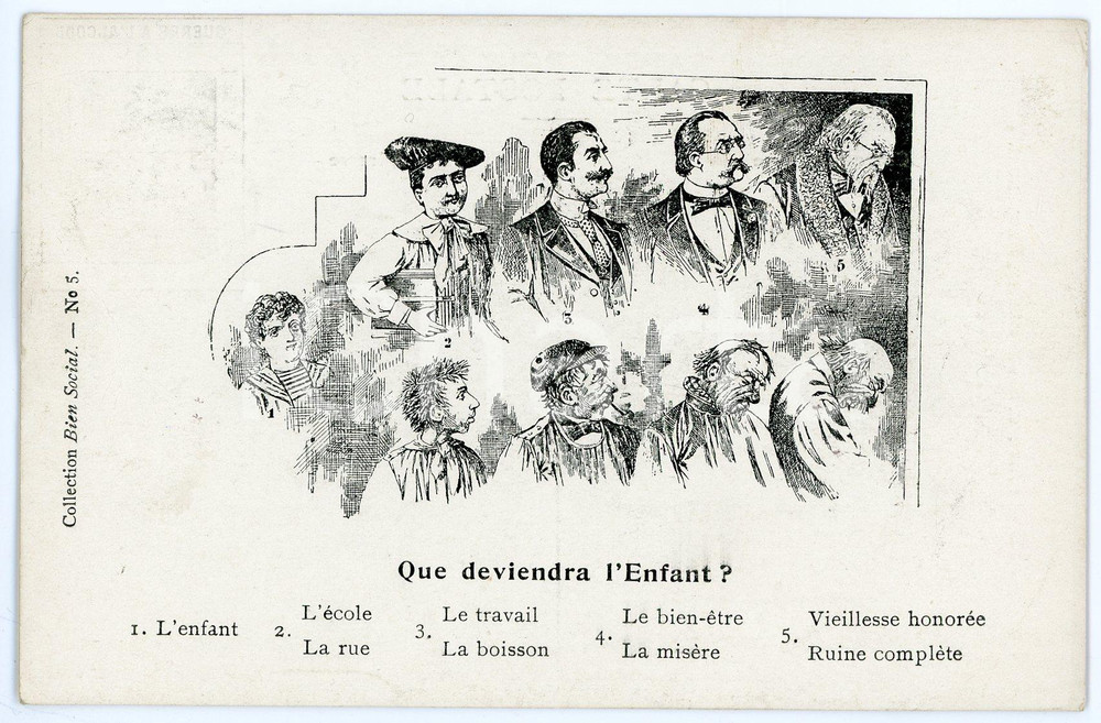 1910 FRANCE Que deviendra l'Enfant? - Carte postale BIEN SOCIAL n° 5 Cartolina postale d'epoca, viaggiata.CONDIZIONI: P (piegatura al lato sinistro e agli angoli)FORMATO: 14x9 cm    originale e autentica 1