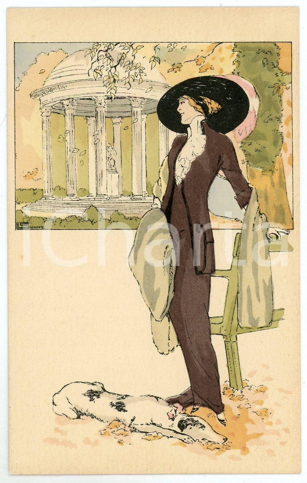 1910 ca ART NOUVEAU Artist Georges LÉONNEC - Elegant woman and dog - Postcard  Cartolina postale d'epoca, non viaggiata.CONDIZIONI: GFORMATO: FP    originale e autentica 1