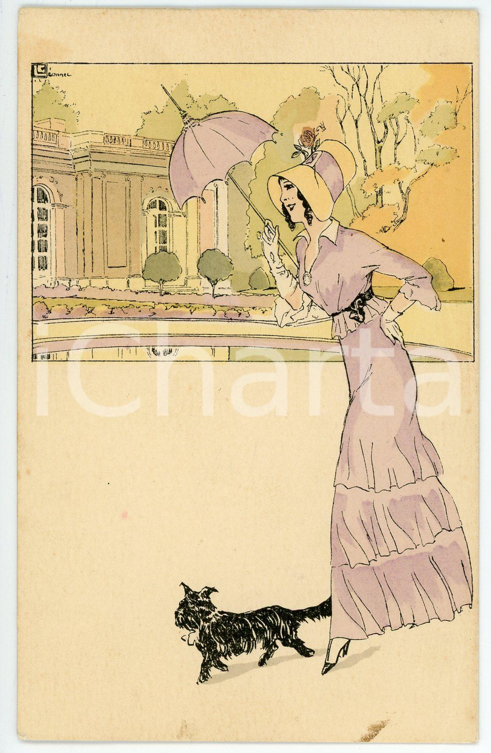 1910 ca ART NOUVEAU Artist Georges LÉONNEC - Elegant woman and dog *Postcard  Cartolina postale d'epoca, non viaggiata.CONDIZIONI: GFORMATO: FP    originale e autentica 1