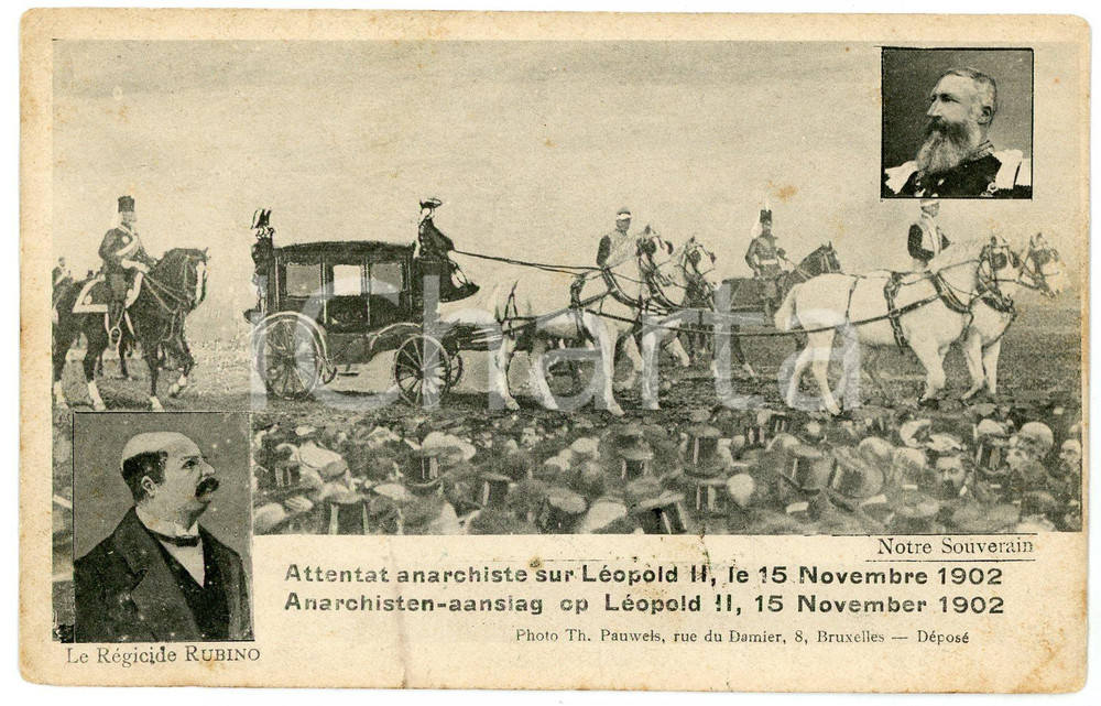 1902 BELGIQUE Attentat anarchiste sur Léopold II - Régicide Rubino RARE Postcard Cartolina postale d'epoca, viaggiata.CONDIZIONI: POOR (piegatura al lato sinistro; minime piegature angolari e ingiallimenti)FORMATO: FP    originale e autentica 1
