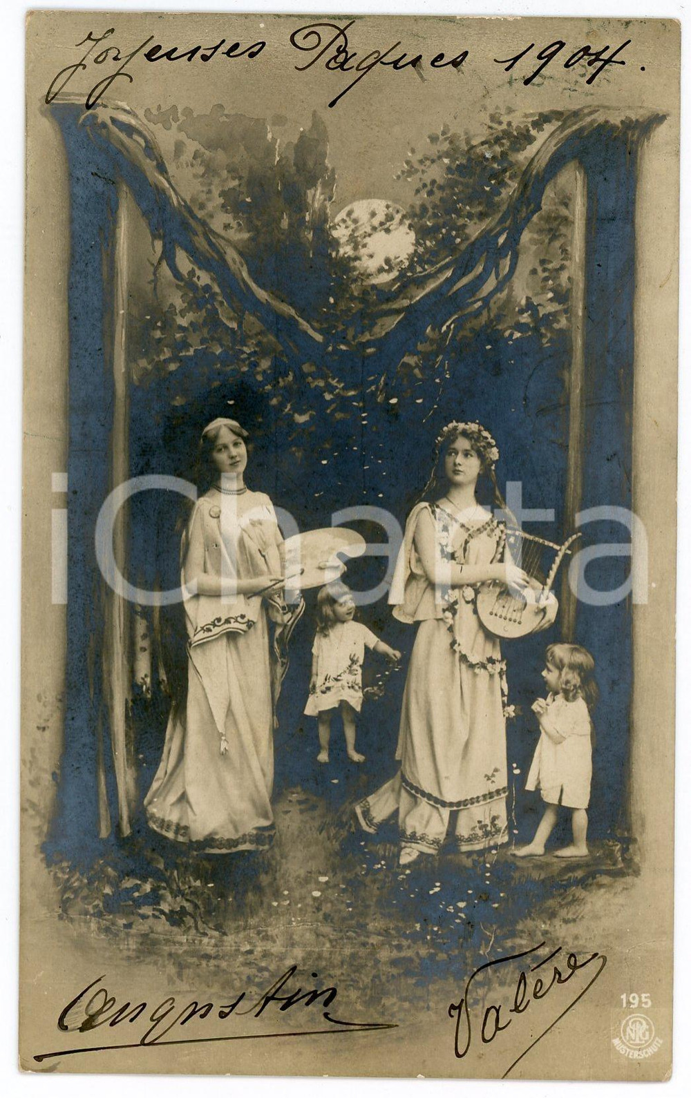 1904 FAIRY women painting and playing lyre with children - Vintage postcard  Cartolina postale d'epoca, viaggiata.CONDIZIONI: GFORMATO: FP    originale e autentica 1
