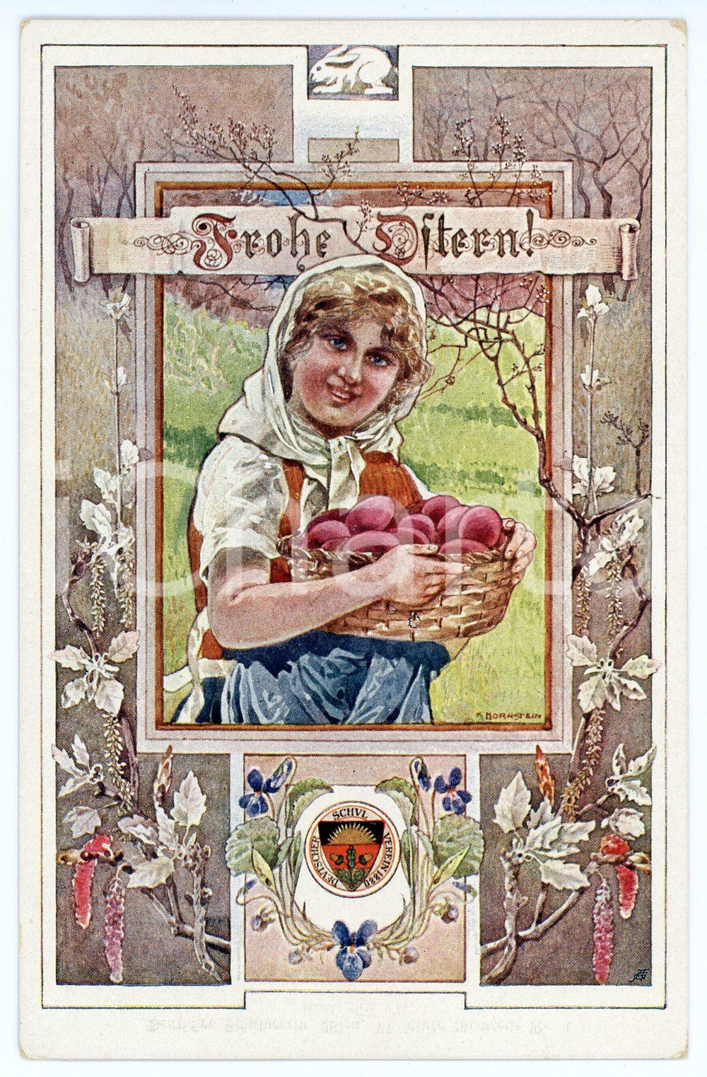 1925 ca FROHE OSTERN Woman - Eggs - Deutscher Schulverein 1880 - Postcard  Cartolina postale d'epoca, non viaggiata. GOOD/buono  Formato: 9x14 cm originale e autentica 1