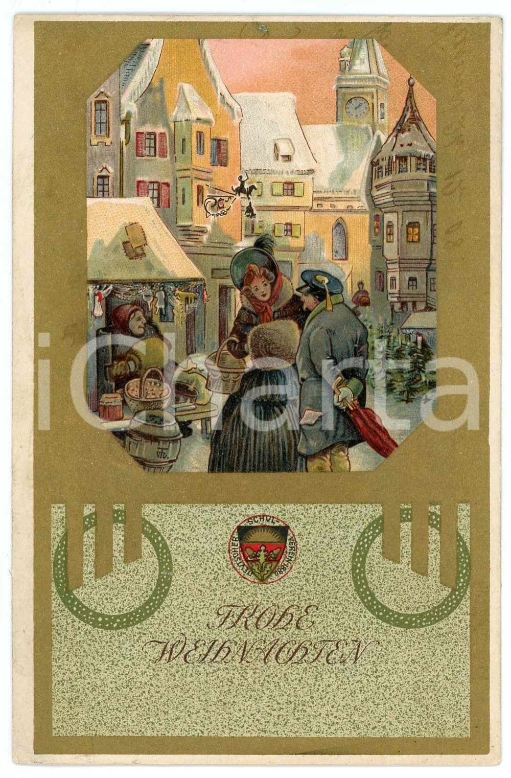 1908 GERMANY Frohe Weihnachten - Old Postcard Deutscher Schulverein golden Cartolina postale d'epoca, illustrata, viaggiata.CONDIZIONI: GFORMATO: FP    originale e autentica 1