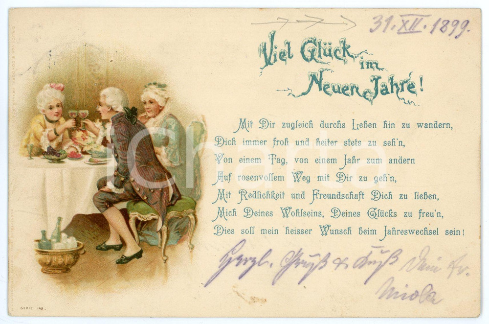 1899 NEUEN JAHRE Viel Gluck - Toast - Illustrated Postcard  Cartolina postale d'epoca, viaggiata. GOOD/buono  Formato: 14x9 cm originale e autentica 1
