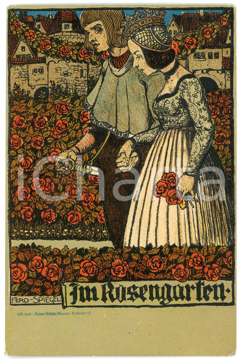 1900 ca GERMANY Artist Ferdinand SPIEGEL - Im Rosengarten - Postcard  Cartolina postale d'epoca, non viaggiata. GOOD/buono  Formato: 9x14 cm originale e autentica 1
