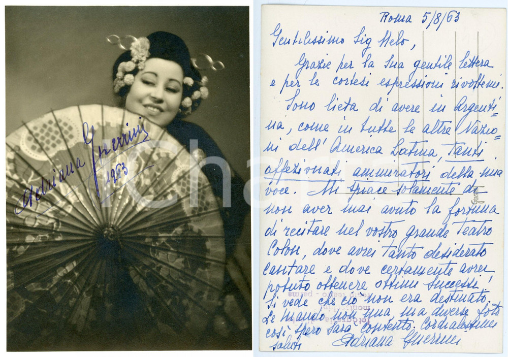 1963 ROMA Soprano Adriana GUERRINI - "Madame Butterfly" - Foto con AUTOGRAFO Fotografia d'epoca, con lungo messaggio autografo al verso. CONDIZIONI: GFORMATO: 10x15 cm     originale e autentica 1