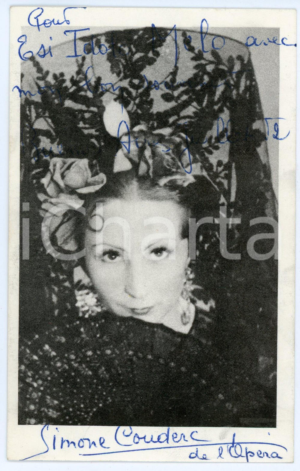 1952 BUENOS AIRES Simone COUDERC mezzosoprano - Foto con AUTOGRAFO Fotografia seriale d'epoca, con messaggio autografo. CONDIZIONI: GFORMATO: 9x15 cm     originale e autentica 1