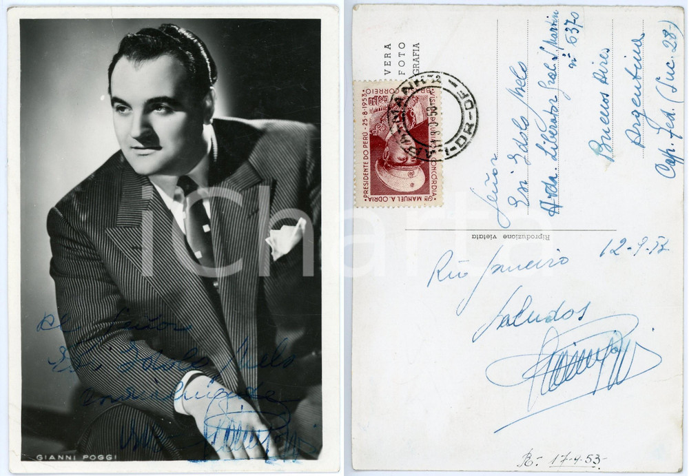 1953 Gianni POGGI tenor - Portrait - AUTOGRAPHED postcard 10x15 cm Fotografia seriale d'epoca, in formato cartolina postale, con autografo al recto e al verso.Viaggiata. CONDIZIONI: VP (piegature al lato inferiore; strappo di circa 1 cm al lato superiore)FORMATO: 10x15 cm     originale e autentica 1