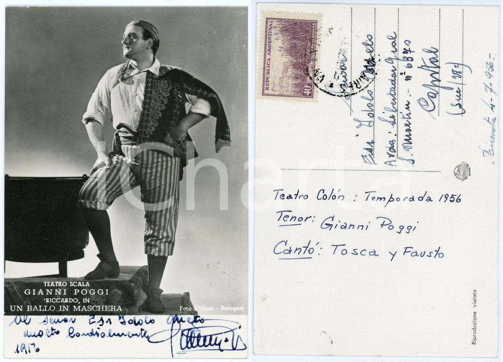 1956 MILANO Teatro alla Scala - Gianni POGGI in "Un ballo in maschera" AUTOGRAFO Fotografia seriale d'epoca, in formato cartolina postale, con autografo al recto.Viaggiata. CONDIZIONI: GFORMATO: 10x15 cm     originale e autentica 1