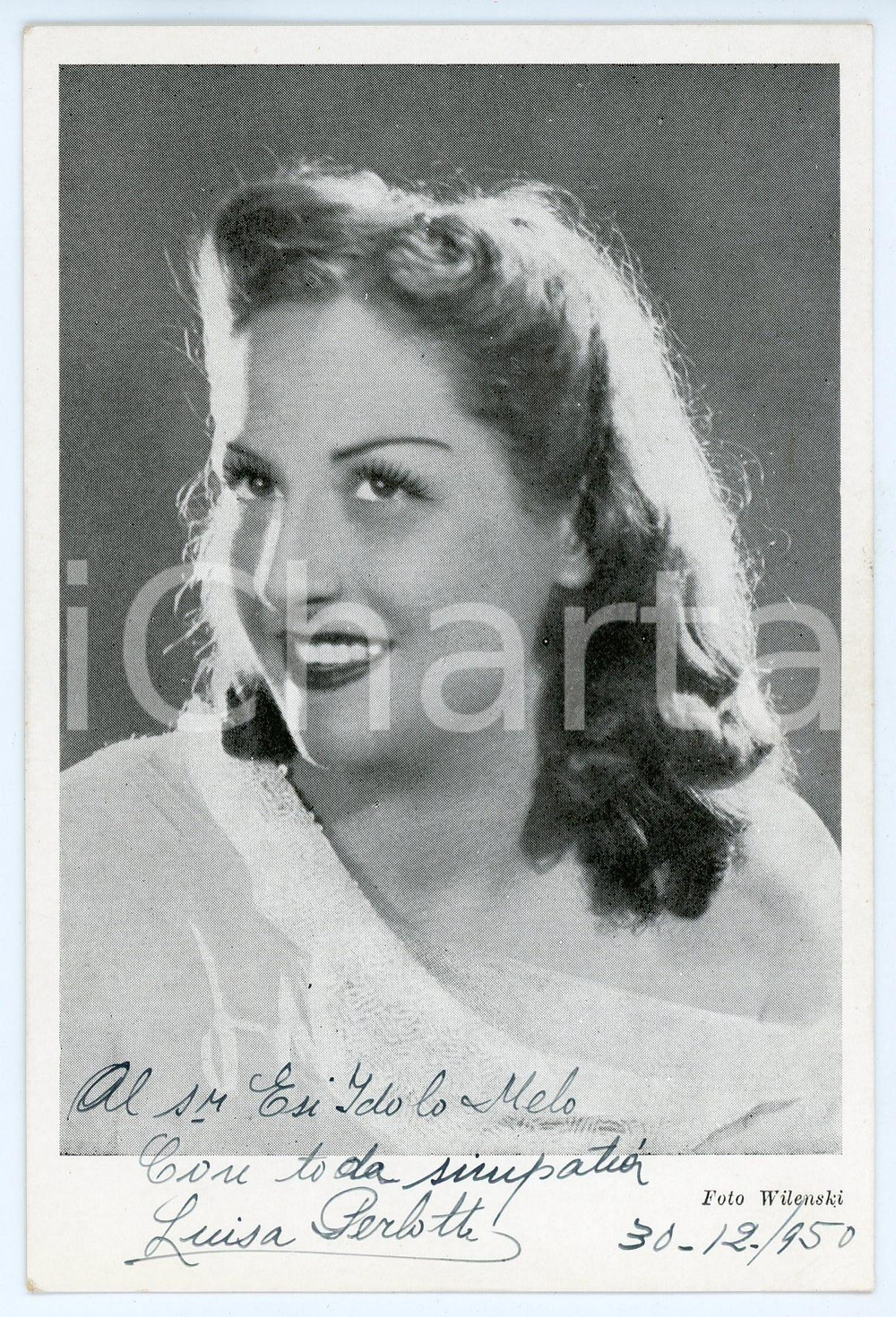 1950 LIRICA Soprano Luisa PERLOTTI - Fotografia con AUTOGRAFO 10x15 cm Fotografia seriale d'epoca,  con autografo. CONDIZIONI: G (piccola piegatura all'angolo inferiore destro)FORMATO: 10x15 cm     originale e autentica 1
