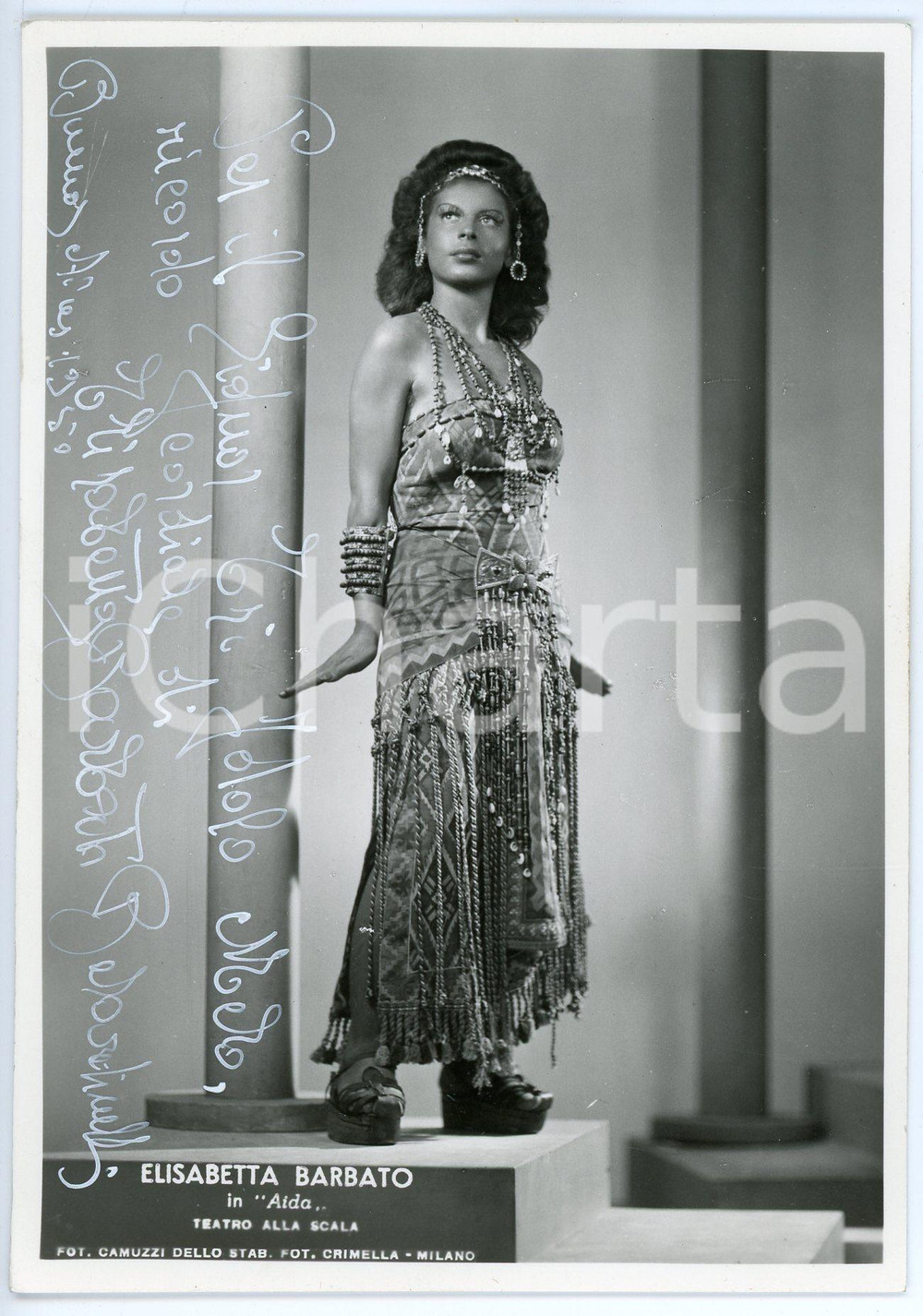 1950 MILANO Teatro alla Scala - Elisabetta BARBATO "Aida" Foto AUTOGRAFO 10x15 Fotografia seriale d'epoca,  con autografo rilasciato durante una tourn&eacute;e a Buenos Aires. CONDIZIONI: GFORMATO: 10x15 cm     originale e autentica 1