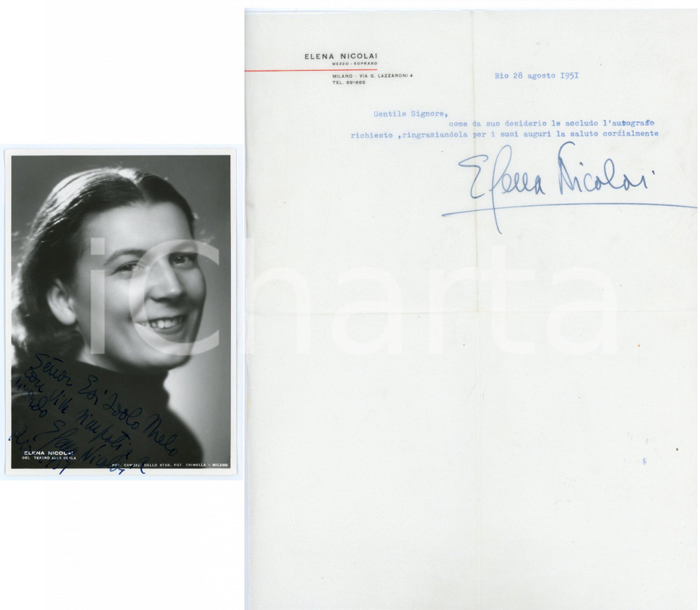1951 Elena NICOLAI mezzosoprano - Lettera e foto con AUTOGRAFO Fotografia d'epoca, autografata, con lettera di accompagnamento su carta intestata e firma autografa. CONDIZIONI: G (piegature d'epoca)FORMATO: 11x15 cm (fotografia)     originale e autentica 1