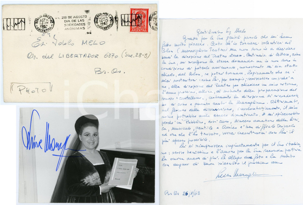 1963 BUENOS AIRES Soprano Luisa MARAGLIANO - Lettera e foto con AUTOGRAFO Fotografia d'epoca, autografata, con lettera autografa di accompagnamento. Busta viaggiata.CONDIZIONI: GFORMATO: 11x15 cm (fotografia)     originale e autentica 1