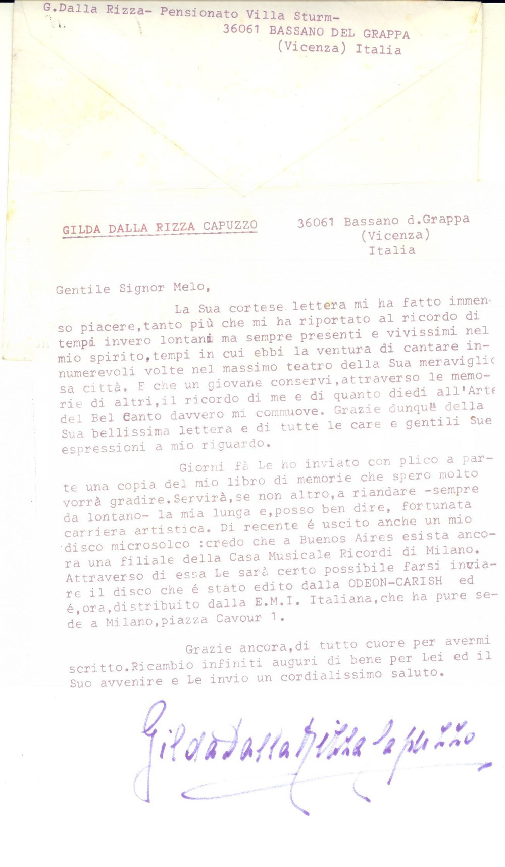 1969 BASSANO DEL GRAPPA Soprano Gilda DALLA RIZZA - Lettera con AUTOGRAFO Lettera dattiloscritta, con firma autografa del soprano.Busta viaggiata.Sono presenti, all'interno, alcuni appunti del destinatario. CONDIZIONI: F (piegature d'epoca)PAGINE: 1     originale e autentica 1