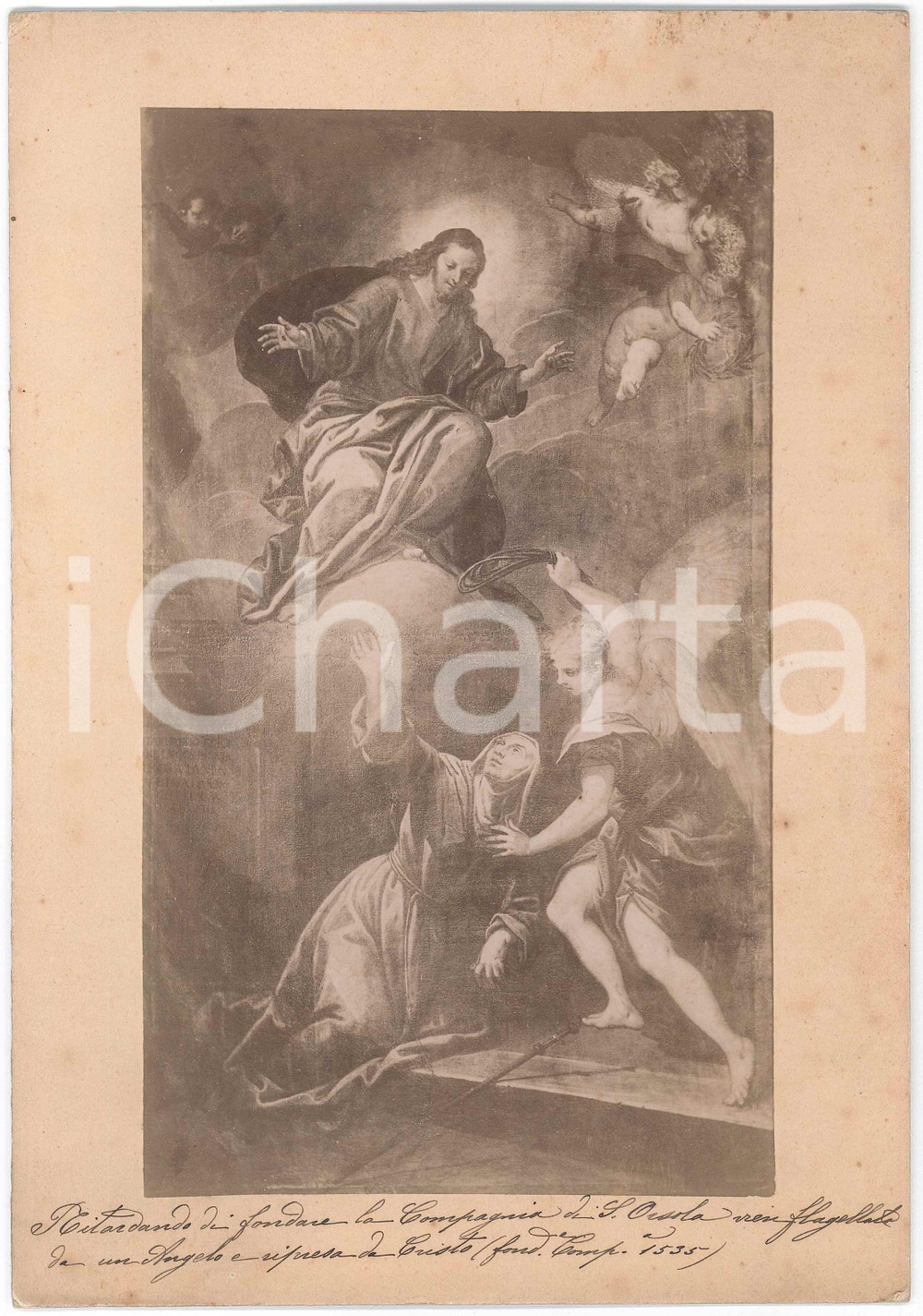 1900 ca BRESCIA - Compagnia di Sant'Orsola - Foto quadro - Santa flagellata  Fotografia originale, montata su cartoncino rigido, che ritrae un quadro con Sant'Orsola flagellata da un angelo per il ritardo nella fondazione della Compagnia. FAIR/discreto lievi smussature agli angoli Formato: 18x26 cm originale e autentica 1