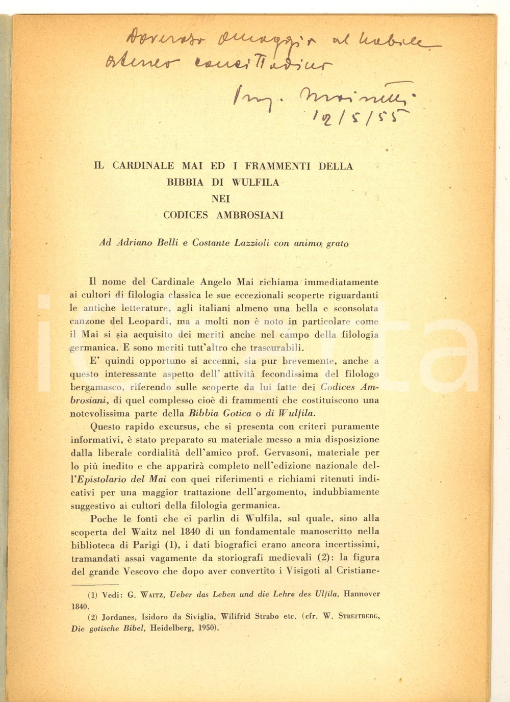 Libro, pubblicazione d epoca 1954 Adolfo MAINETTI Il cardinale Mai e i frammenti della Bibbia   AUTOGRAFO 1