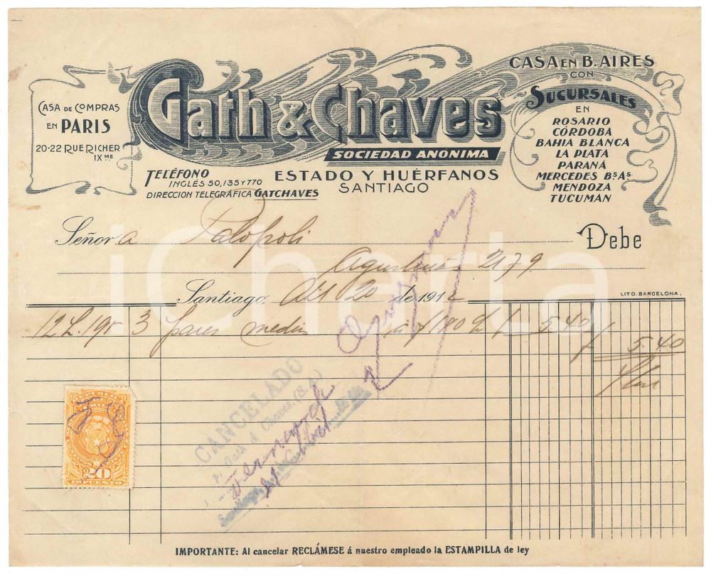 1912 SANTIAGO - GATH & CHAVES - Grandi magazzini - Fattura Fattura commerciale d'epoca.Presente marca da bollo.  FAIR/discreto Piegature d'epoca, piccoli strappi al lato sinistro Formato: 22x17 originale e autentica 1
