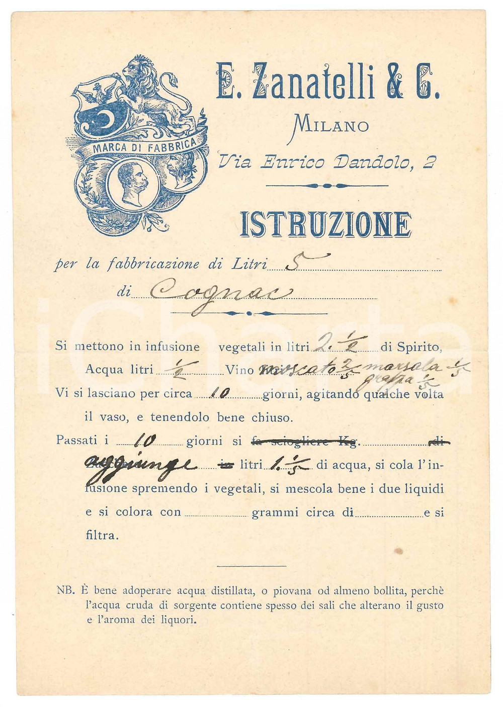 1900 ca MILANO E. ZANATELLI & C. - Istruzione per la fabbricazione di COGNAC Volantino pubblicitario d'epoca, a stampa con inserti manoscritti. FAIR/discreto piegatura centrale d'epoca Formato: 12x17 cm originale e autentica 1