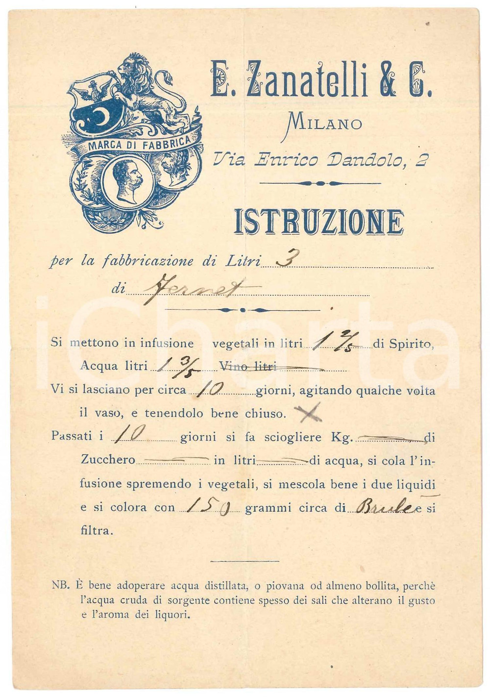 1900 ca MILANO E. ZANATELLI & C. - Istruzione per la fabbricazione di FERNET Volantino pubblicitario d'epoca, a stampa con inserti manoscritti. FAIR/discreto piegatura centrale d'epoca Formato: 12x17 cm originale e autentica 1