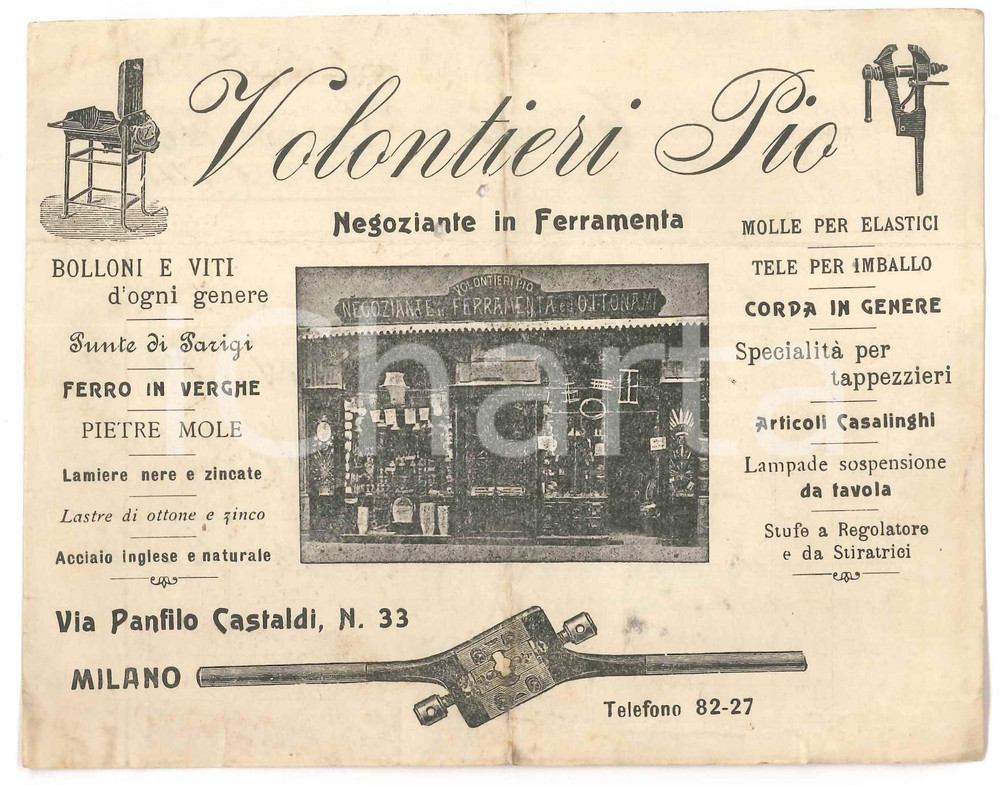 1910 MILANO - Pio VOLONTIERI via Panfilo Castaldi 33 - Ferramenta- Volantino Volantino pubblicitario con fattura commerciale d'epoca al verso.Presente marca da bollo al verso.Milano FAIR/discreto Piegature d'epoca, piccolo foro al lato superiore Formato: 16x12 cm originale e autentica 1