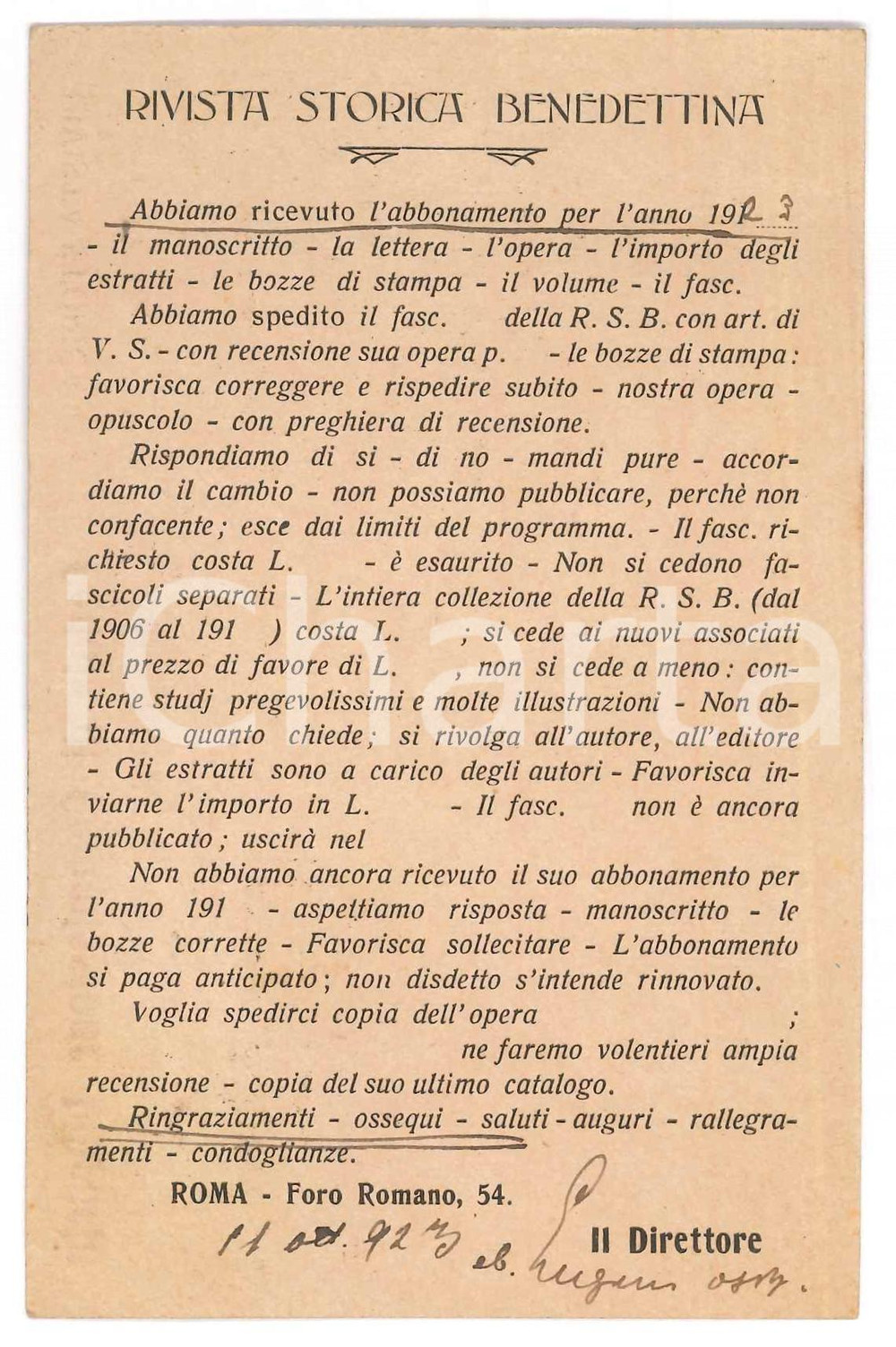 1923 ROMA Rivista Storica Benedettina - Cartolina abate P. LUGANO - AUTOGRAFO Cartolina postale d'epoca, con firma autografa del direttore della rivista a don Alessandro Sina.Viaggiata. GOOD/buono  Formato: 14x9 cm originale e autentica 1