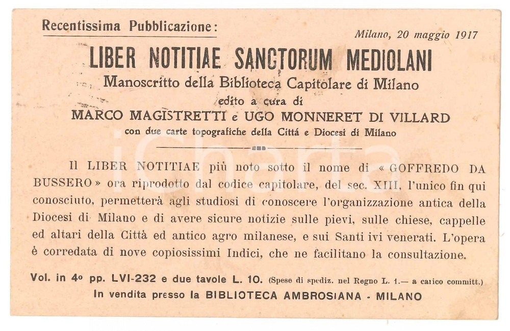 1917 MILANO Biblioteca Ambrosiana - Cartolina pubblicitaria "Liber Notitiae" Cartolina pubblicitaria d'epoca, viaggiata. GOOD/buono  Formato: 14x9 cm originale e autentica 1