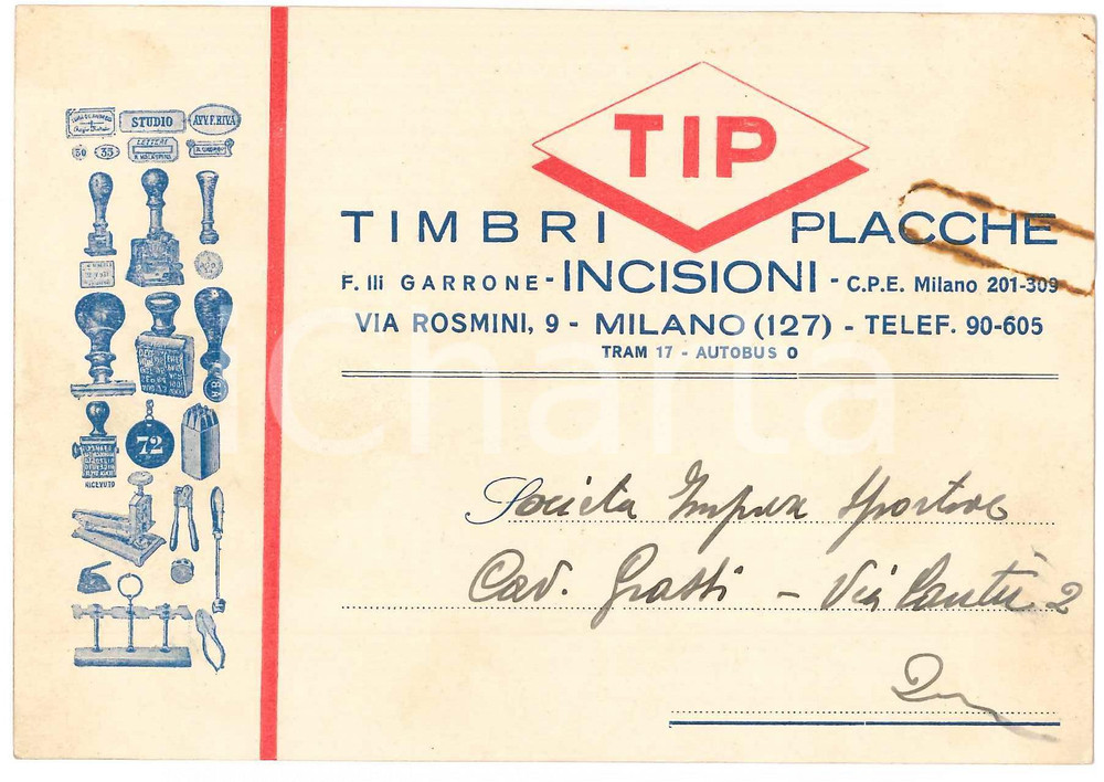1938 MILANO Via Rosmini - TIP Timbri Placche Incisioni - Biglietto Biglietto pubblicitario d'epoca. POOR/danneggiato ingiallimenti al verso e tracce di ruggine Formato: 15x10 cm originale e autentica 1