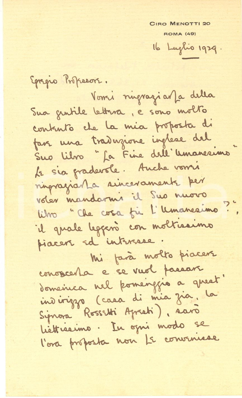 1929 ROMA Geoffrey W. ROSSETTI ringrazia per un volume ricevuto - AUTOGRAFO Lettera interamente autografa di Geoffrey W. Rossetti a uno studioso italiano.Busta viaggiata.PAGINE: 4 (2 facciate scritte) FAIR/discreto piegature d'epoca  originale e autentica 1