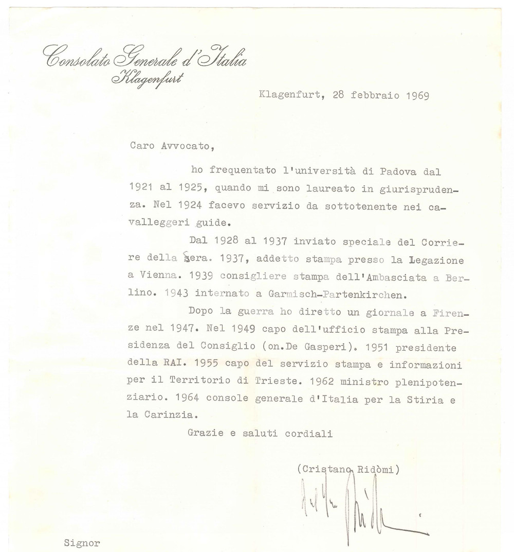 1969 KLAGENFURT AUSTRIA Lettera Cristiano RIDOMI - Curriculum *AUTOGRAFO Lettera dattiloscritta su carta intestata, con firma autografa del giornalista.PAGINE: 1  FAIR/discreto piegature d'epoca  originale e autentica 1