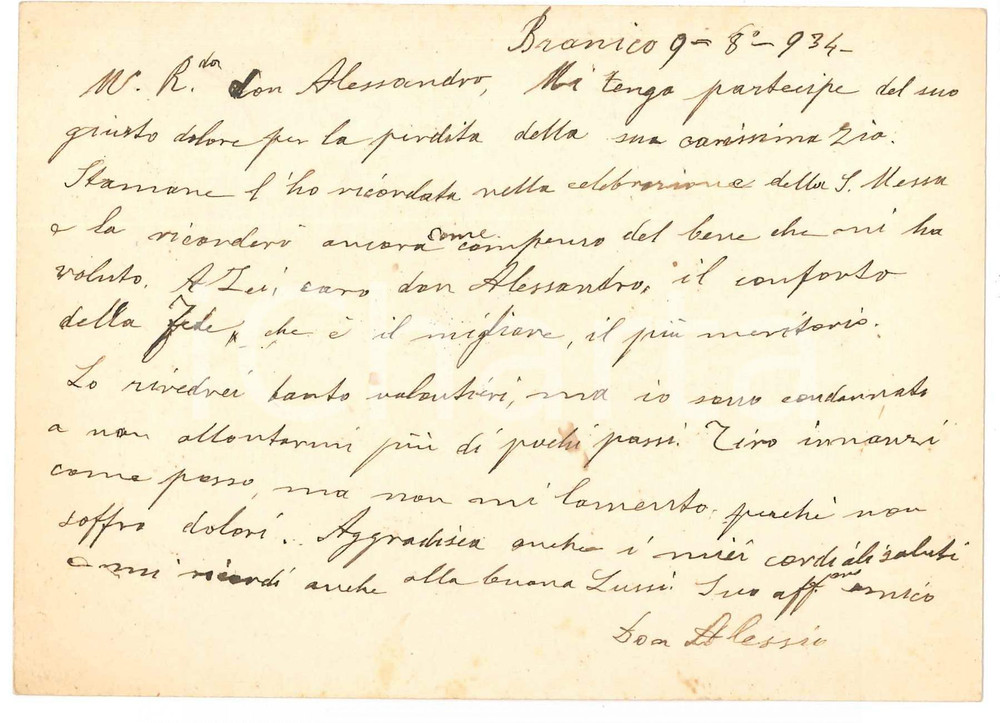 1934 BRANICO (BG) Don Alessio AMIGHETTI - Cartolina condoglianze - AUTOGRAFO Cartolina postale d'epoca, autografa, a don Alessandro Sina.Viaggiata. GOOD/buono  Formato: 14x9 cm originale e autentica 1