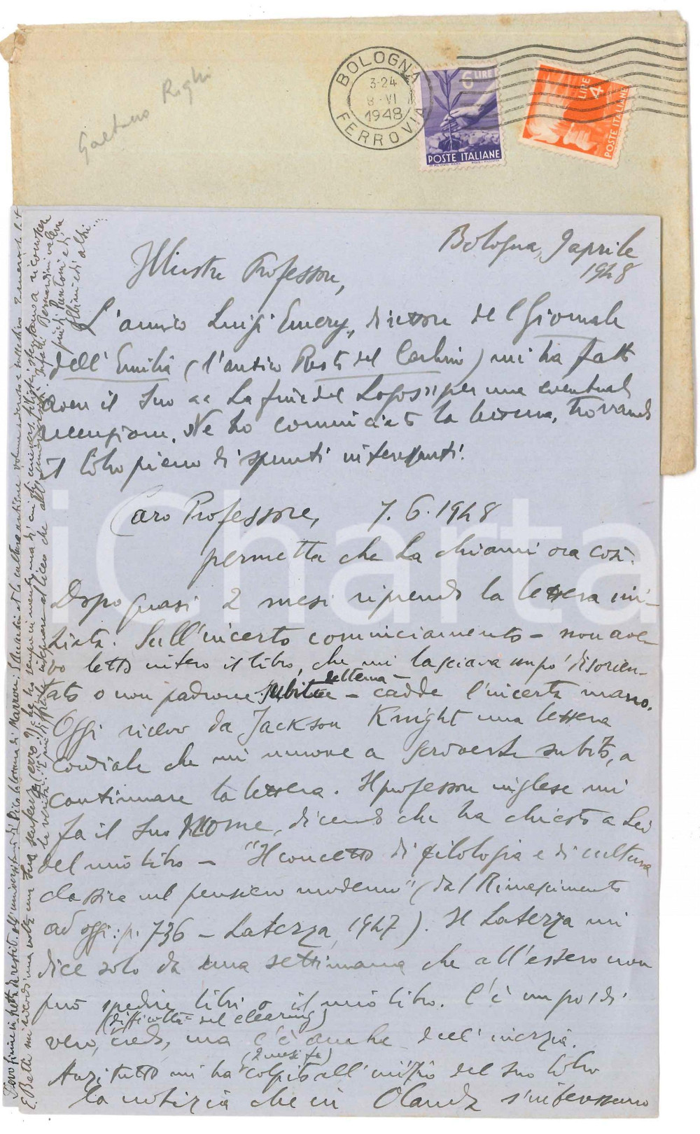 1948 BOLOGNA Lettera Gaetano RIGHI a un collega - AUTOGRAFO Lunga lettera, interamente autografa dello studioso Gaetano Righi, indirizzata a un collega, nel quale parla della partecipazione a un convegno e di alcuni interessi di studio.Busta viaggiata.PAGINE: 8 facciate FAIR/discreto piegature d'epoca  originale e autentica 1