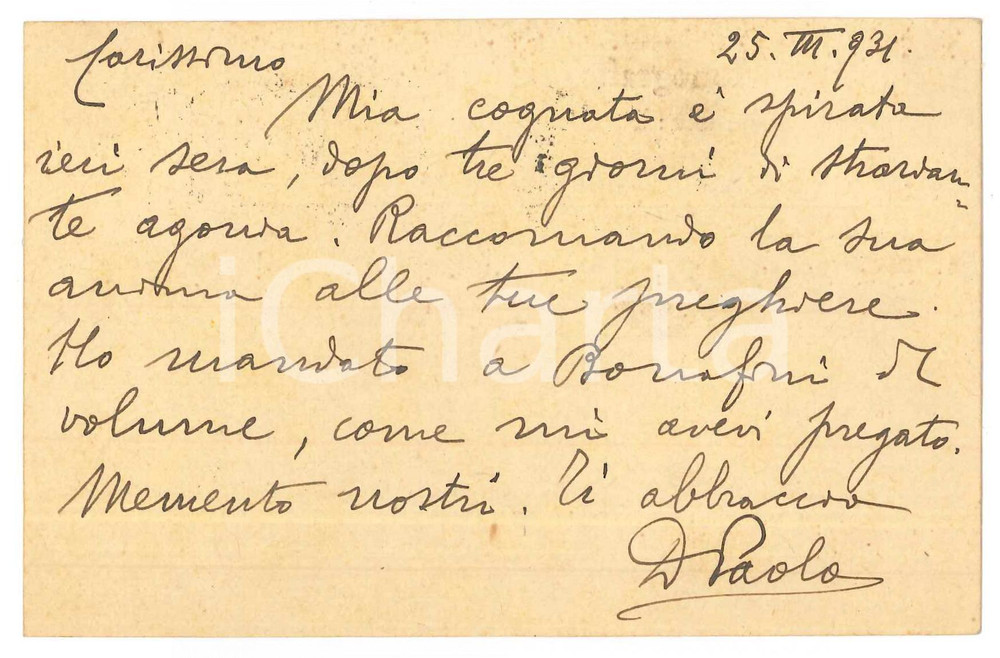 1931 BRESCIA Don Paolo GUERRINI - Fonti di Storia Bresciana - AUTOGRAFO Cartolina postale d'epoca, inviata da don Paolo Guerrini a don Alessandro Sina.Intestata "Fonti e Monografie di Storia Bresciana".Viaggiata. GOOD/buono  Formato: 14x9 cm originale e autentica 1