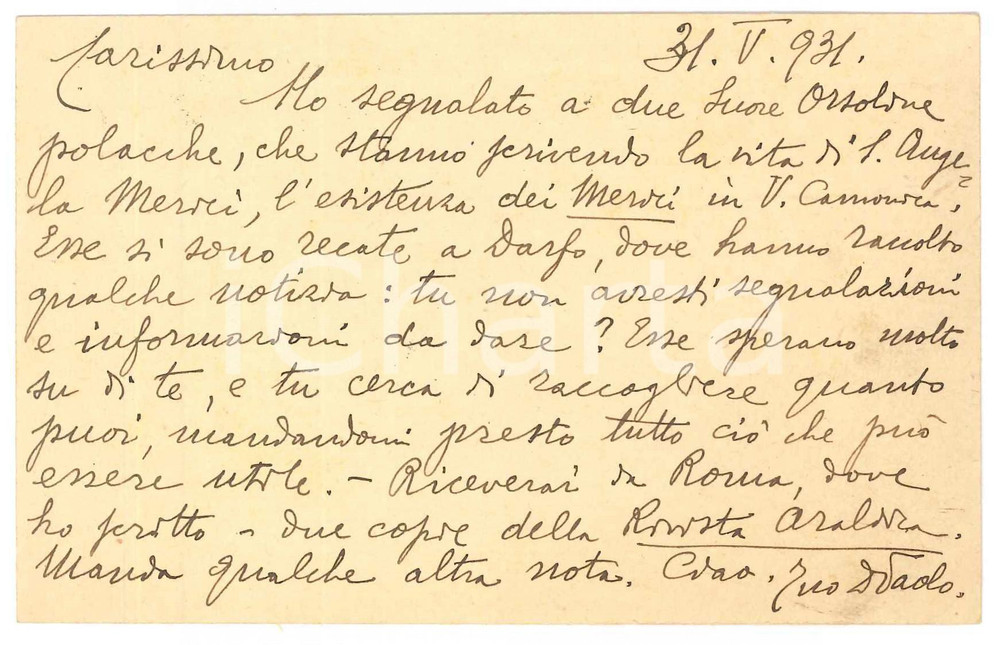 1931 BRESCIA Don Paolo GUERRINI su aiuto a suore polacche - AUTOGRAFO Cartolina postale d'epoca, inviata da don Paolo Guerrini a don Alessandro Sina.Intestata "Fonti e Monografie di Storia Bresciana".Viaggiata. GOOD/buono  Formato: 14x9 cm originale e autentica 1