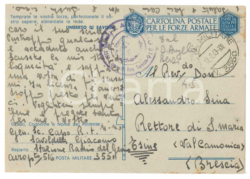1943 WW2 Cartolina Giacomo SAVOLDELLI Stazione Radio GENIO Aeroporto 516 PM 3550 Cartolina postale in franchigia, viaggiata. GOOD/buono minime macchie marginali Formato: 15x10 cm originale e autentica 1
