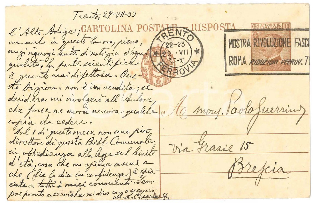 1933 TRENTO Lamberto CESARINI SFORZA su libri toponomastica *Cartolina AUTOGRAFO Cartolina postale d'epoca, interamente autografa, inviata dallo studioso a mons. Paolo Guerrini.Scritta su entrambe le facciate, viaggiata. GOOD/buono  Formato: 14x9 cm originale e autentica 1