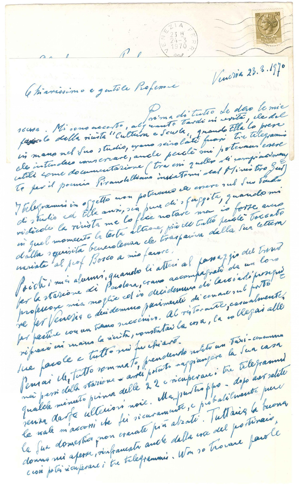 1970 VENEZIA Lettera Francesco Tullio ROFFARE'  - AUTOGRAFO Lettera autografa dello studioso, di contenuto personale.Busta viaggiata.PAGINE: 1 (2 facciate) FAIR/discreto piegature d'epoca  originale e autentica 1